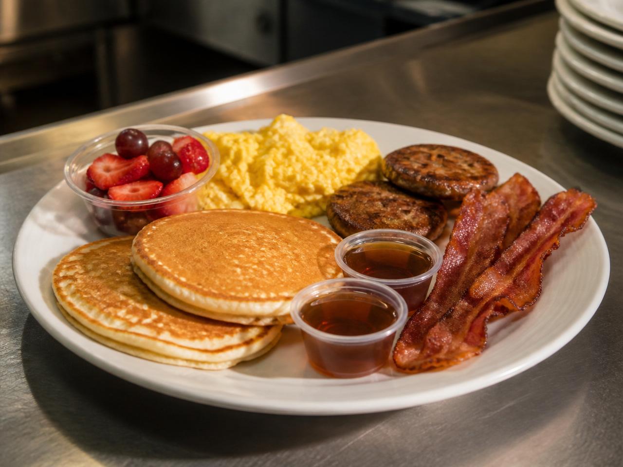 TJCC breakfast tray with pancakes, eggs, sausage, bacon and a fruit cup on a commercial kitchen line