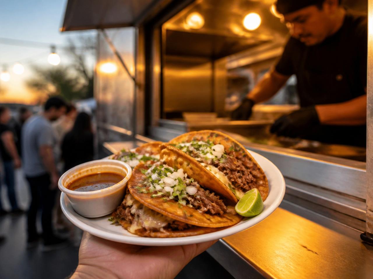 Quesabirria tacos with consommé served from a modern taco truck window at golden hour